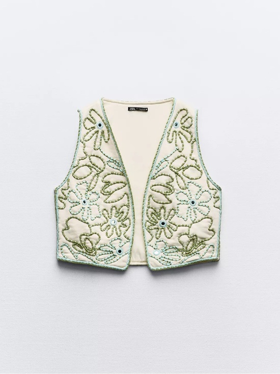 Zara Tops - Zara Embroidered Ivory Beaded Vest with Green & Light Blue Floral Motif